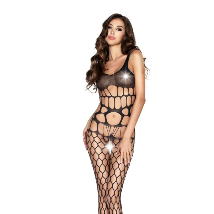 Бодістокінг Passion BS032 black, комбінезон, топ і велика сітка - Зображення 1