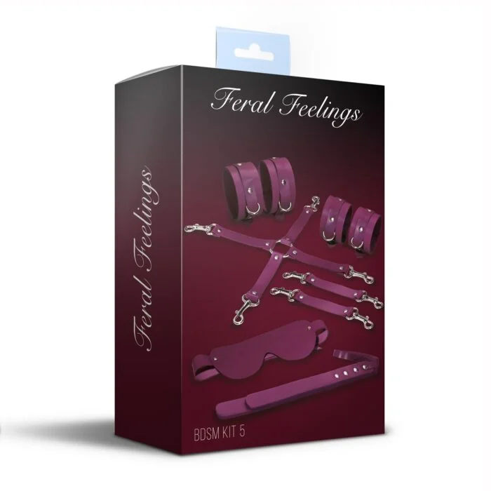 Набір Feral Feelings BDSM Kit 5 Burgundy, наручники, поножі, конектор, маска, паддл